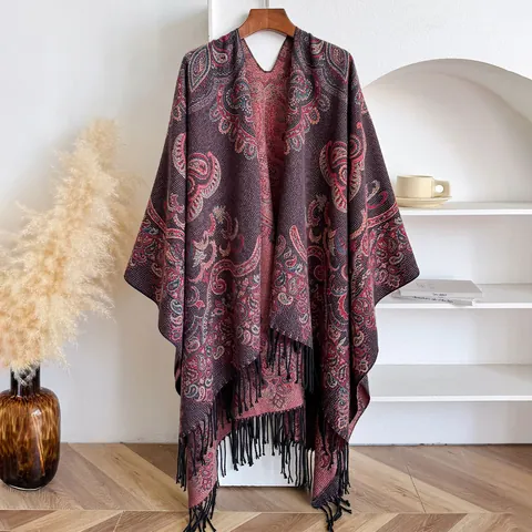 Vintage Ethnic Paisley Tassel Shawl Women Winter Warm Imitation Cashmere Poncho Cardigan Cape Floral Jacquard Scarf Outerwear