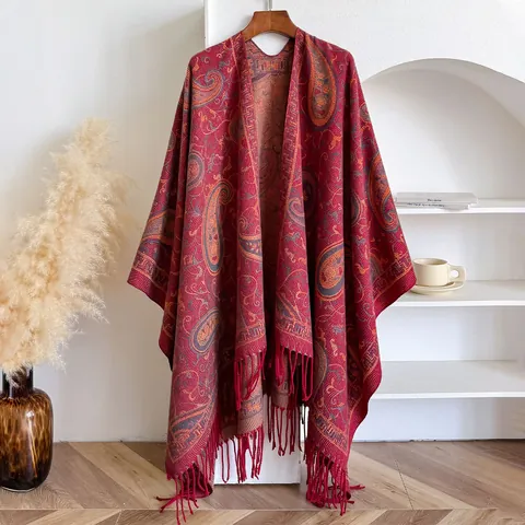 Poncho Chal Bohemio Paisley Vintage Para Mujer Imitación Cachemira Capa Con Borlas Cálido Invierno Viaje Étnico Cárdigan