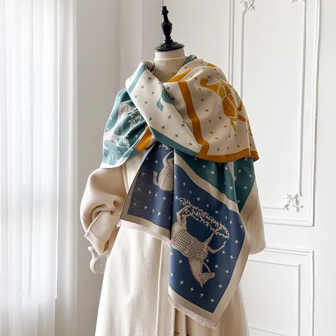 Dames Faux Kasjmier Sjaal Dik Warm Winter Omslagdoek Retro Ruiter Paard Patroon Patchwork Wikkel Met Kwastjes Elegant Zacht Halssjaal