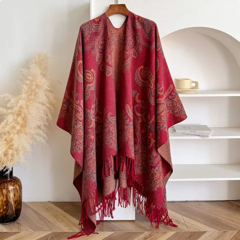 Vintage Ethnic Paisley Tassel Shawl Women Winter Warm Imitation Cashmere Poncho Cardigan Cape Floral Jacquard Scarf Outerwear