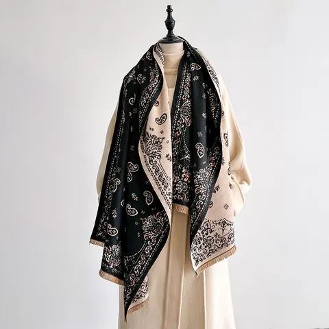 Bohemian Paisley Print Tassel Shawl Scarf For Women Winter Warm Soft Polyester Large Wrap Retro Ethnic Scarf