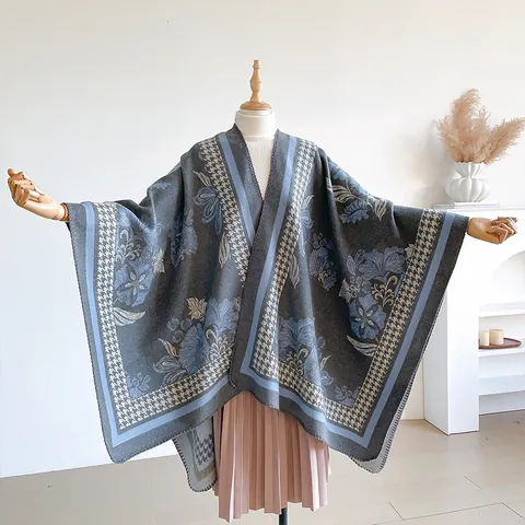 Donna Poncho Scialle Pied de Poule Floreale Caldo Avvolgente Imitazione Cashmere Elegante Vintage Sciarpa Invernale
