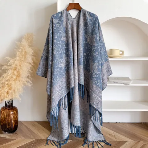 Vintage Paisley Jacquard Synthetic Cashmere Poncho Shawl For Women Autumn Winter Warm Oversized Tassel Wrap Cape Scarf