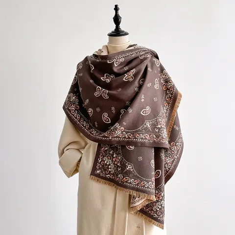 Bohemian Paisley Print Tassel Shawl Scarf For Women Winter Warm Soft Polyester Large Wrap Retro Ethnic Scarf