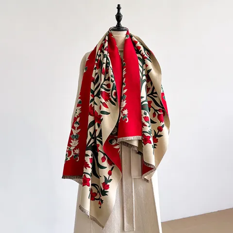 Women Vintage Floral Imitation Cashmere Scarf Double Sided Jacquard Shawl Thick Warm Tassel Snood Outer Scarf Winter Wrap