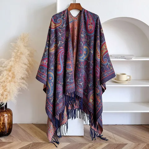 Poncho Chal Bohemio Paisley Vintage Para Mujer Imitación Cachemira Capa Con Borlas Cálido Invierno Viaje Étnico Cárdigan