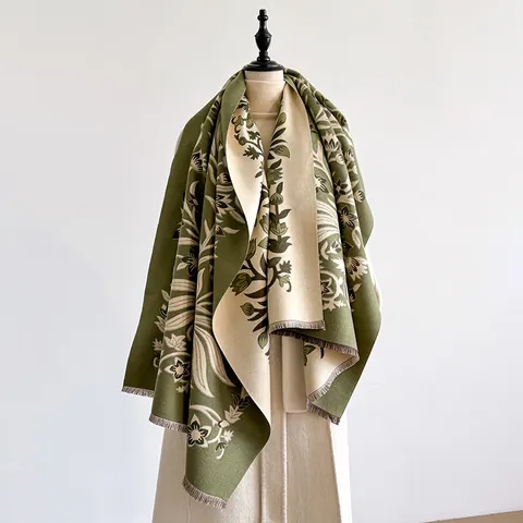Women Vintage Floral Imitation Cashmere Scarf Double Sided Jacquard Shawl Thick Warm Tassel Snood Outer Scarf Winter Wrap