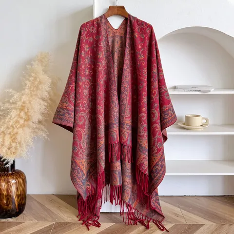 Women's Vintage Ethnic Paisley Jacquard Tassel Shawl Faux Cashmere Winter Warm Scarf Wrap Poncho Bohemian Mid-Length Cloak