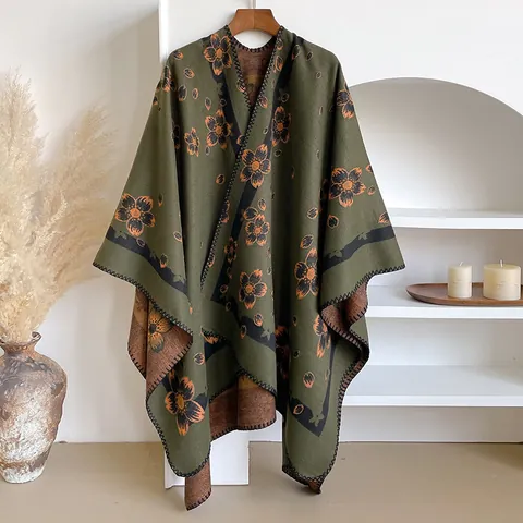 Women Vintage Floral Imitation Cashmere Shawl Poncho Bohemian Warm Jacquard Double Sided Wrap Cape For Autumn Winter
