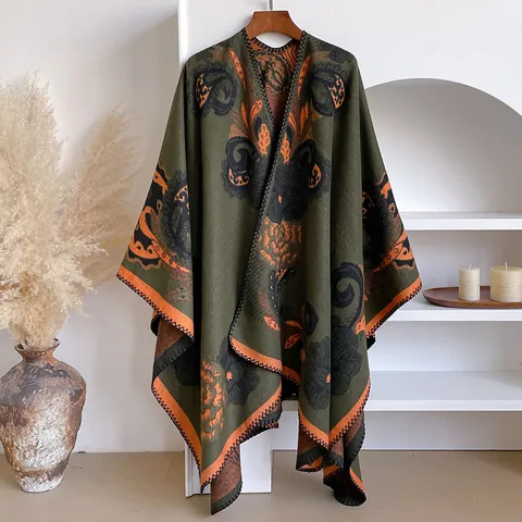 Damen Poncho Ethno Blumenmuster Kaschmirimitat Vintage Böhmisch Wendeschal Warm Herbst Winter Umhang