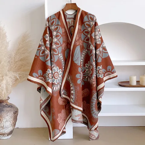 Bohemian Vintage Jacquard Poncho Shawl Thick Warm Cashmere-like Mandala Floral Print Open Front Reversible Women Winter Wrap