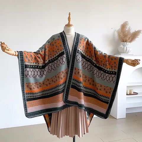 Women's Bohemian Ethnic Geometric Pattern Thickened Warm Poncho Shawl Imitation Cashmere Vintage Paisley Jacquard Reversible Winter Cape Wrap