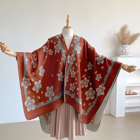 Women Vintage Floral Imitation Cashmere Shawl Poncho Bohemian Warm Jacquard Double Sided Wrap Cape For Autumn Winter