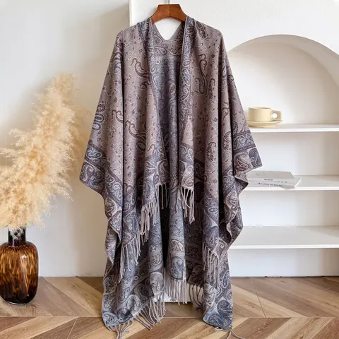 Vintage Paisley Jacquard Synthetic Cashmere Poncho Shawl For Women Autumn Winter Warm Oversized Tassel Wrap Cape Scarf