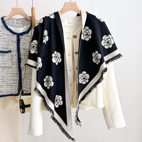 Elegant Camellia Pattern Triangular Scarf For Women Autumn Winter Warm Tassel Shawl Wrap Polyester Imitation Cashmere Scarf