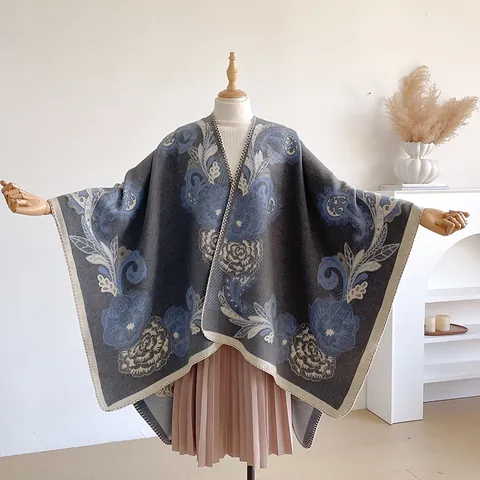 Damen Poncho Ethno Blumenmuster Kaschmirimitat Vintage Böhmisch Wendeschal Warm Herbst Winter Umhang