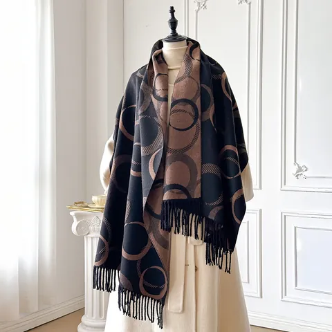 Elegante Geometrische Cirkel Sjaal Voor Dames Imitatie Kasjmier Dikke Warme Omslagdoek Met Kwastjes Winter Mode Sjaal