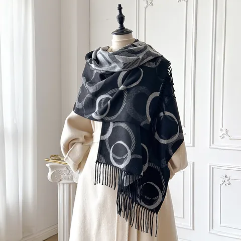 Elegante Geometrische Cirkel Sjaal Voor Dames Imitatie Kasjmier Dikke Warme Omslagdoek Met Kwastjes Winter Mode Sjaal