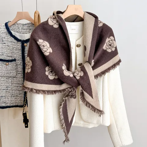Elegant Camellia Pattern Triangular Scarf For Women Autumn Winter Warm Tassel Shawl Wrap Polyester Imitation Cashmere Scarf