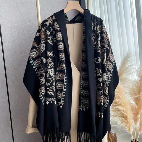 Women Vintage Floral Embroidery Shawl Scarf Imitation Cashmere Soft Warm Tassel Scarf For Winter Fall Daily Casual Lady Wrap
