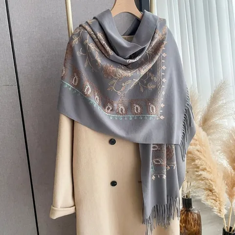 Women Vintage Floral Embroidery Shawl Scarf Imitation Cashmere Soft Warm Tassel Scarf For Winter Fall Daily Casual Lady Wrap