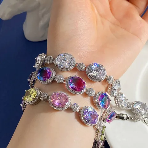 Luxury Oval Zirconia Halo Bracelet For Women Elegant Copper Silver Plated Colorful Gemstone Tennis Bracelet Jewelry Gift