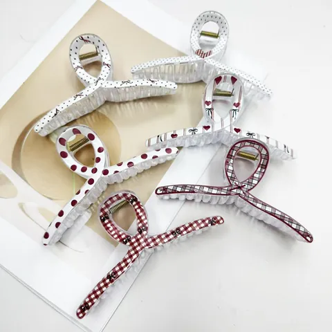 Women Polka Dot Heart Plaid Printed Plastic Hair Claw Clip Large Cross Hair Styling Accessory For Vacation Daily Hairpin