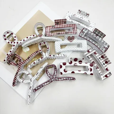 Pinze per Capelli in Plastica alla Moda Grandi Fermagli a Croce Quadrati Con Pois Quadri Cuore Fiocco Stampa Accessori per Capelli Dolci per Donna Festa Quotidiana