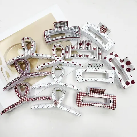Pinze per Capelli in Plastica alla Moda Grandi Fermagli a Croce Quadrati Con Pois Quadri Cuore Fiocco Stampa Accessori per Capelli Dolci per Donna Festa Quotidiana