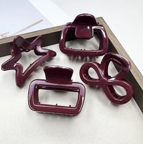 Pinze per Capelli Vintage Rosso Vino Lucido per Donna Stile Francese Stella Fiocco Geometrico in Resina Accessori per Capelli