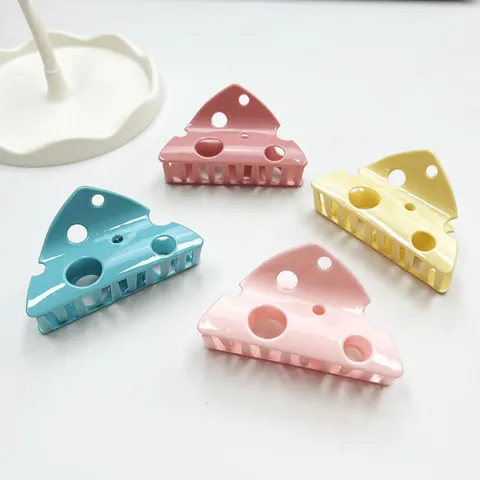 Women's Cute Cheese Shaped Hair Claw Clip Creative Hollow Plastic Resin Shark Clip Sweet Candy Color Food Design Hair Accessory