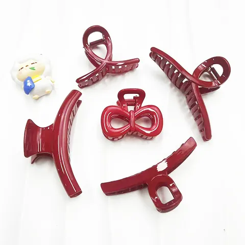 Pinza de Pelo Elegante Roja Ancora para Mujer Resina Plástica Brillante Estilo Lazo y Percha Accesorios Geométricos para Pelo