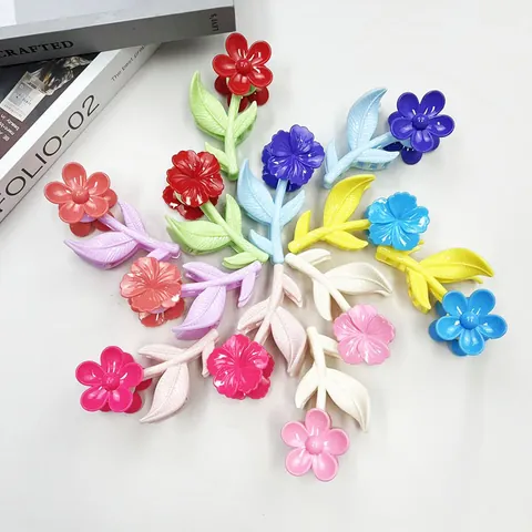 Molletta per Capelli a Fiore per Donna in Resina Plastica Colori Confetto Design a Cinque Petali e Cuore con Foglia Accessori Capelli