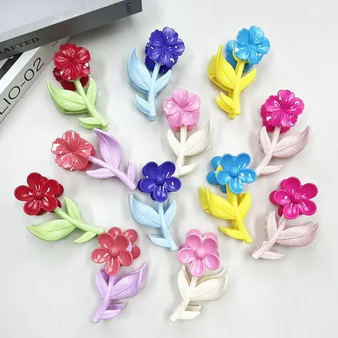 Molletta per Capelli a Fiore per Donna in Resina Plastica Colori Confetto Design a Cinque Petali e Cuore con Foglia Accessori Capelli