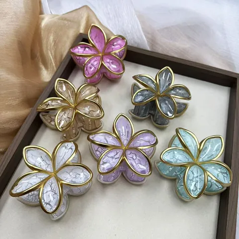 Vintage Frangipani Haarklammer Für Damen Goldrand Blumen Haarclip Mit Crackle-Textur Strandurlaub Haaraccessoires