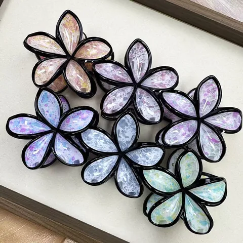 Vacation Style Splatter Ink Plumeria Flower Hair Claw Clip For Women High End Plastic Shark Clip Fashion Botanical Hair Accessories