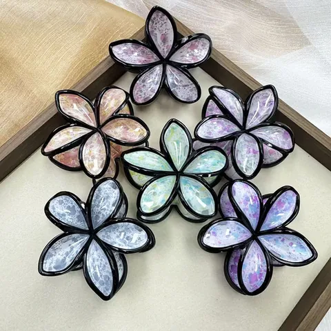 Vacation Style Splatter Ink Plumeria Flower Hair Claw Clip For Women High End Plastic Shark Clip Fashion Botanical Hair Accessories
