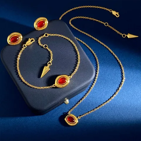 Vintage French Palace Style Oval Copper Jewelry Set Gold Plated Red Agate Malachite Necklace Bracelet Earrings Ring For Women Accessories