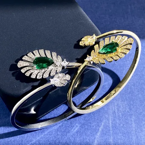 Luxury Feather Emerald Green Gemstone Jewelry Set Copper Gold Silver Zirconia Inlaid Open Ring Bangle Set For Women Party Gift