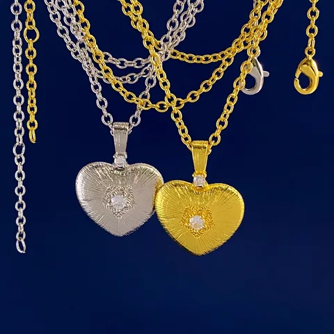 Vintage Italienisch Kupfer Herz Anhänger Halskette Mit Satin Textur Rund Zirkonia Eingelegt Gold Silber Plattiert Kette Damen