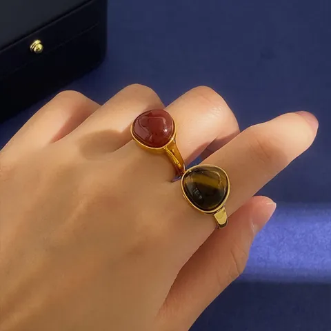 Bague en Cuivre Style Cour Vintage Pierre Naturelle Jade Agate Œil de Tigre Plaqué Or Argent Triangle Géométrique Bague pour Femme Bijoux Cadeau
