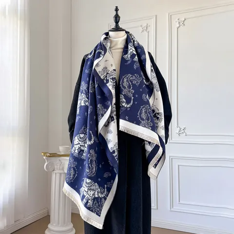 Elephant Paisley Pattern Imitation Cashmere Scarf Thick Warm Winter Shawl With Tassels Double Sided Jacquard Wrap For Women