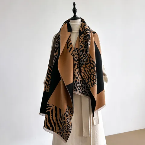 Bufanda de Imitación de Cachemira para Mujer Estampado de Leopardo y Cebra Patchwork Bufanda de Invierno Cálida Con Borlas