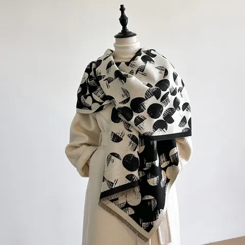 Elegante Geometrische Polkadot Imitatie Kasjmier Sjaal Voor Dames Dikke Warme Sjaal Wikkel Met Franjes Winter Herfst Mode Sjaal