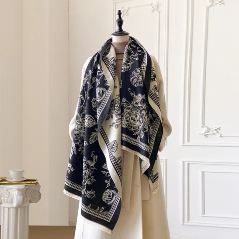 Sciarpa da Donna in Simil-Cashmere Ispessita Stampa Floreale Pied de Poule Scialle Con Nappine Doppia Faccia Inverno Caldo Elegante