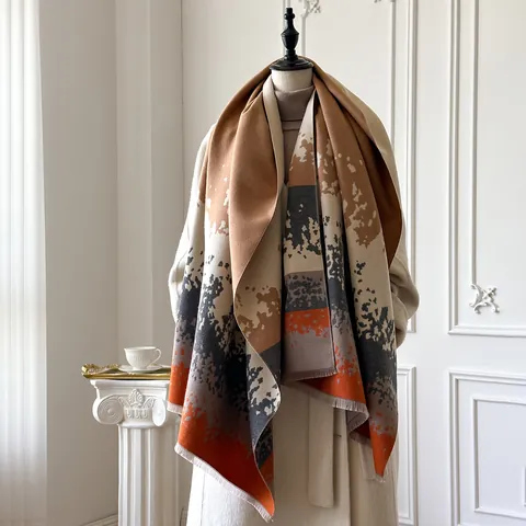 Women Fashion Abstract Printed Imitation Cashmere Scarf Winter Warm Thick Long Shawl With Tassels Soft Polyester Jacquard Wrap