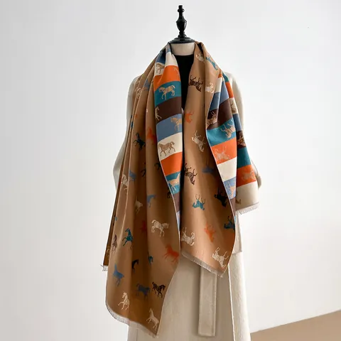 Écharpe Femme Imitation Cachemire Imprimé Cheval Vintage Châle Color Block Épais Avec Glands Col Chaud Hiver Pour Dame