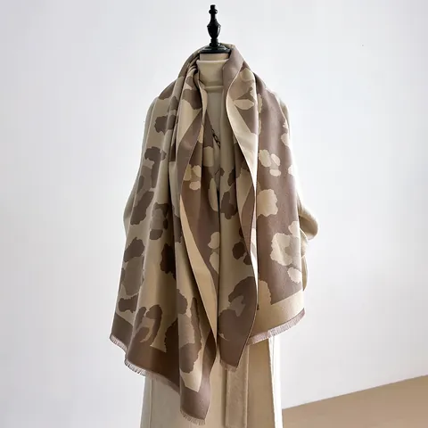 Vintage British Style Leopard Print Tassel Shawl Thickened Warm Imitation Cashmere Scarf For Women Winter Fall Wrap Scarf