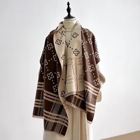 Sciarpa Scialle da Donna in Imitazione Cashmere Quadrifoglio Motivo Griglia Nappe Spessa Invernale Calda per Ufficio Casual