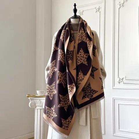 Sciarpa da Donna alla Moda con Motivo a Stella e Leopardo in Imitazione Cashmere Calda e Spessa con Nappine Scialle per l'Inverno